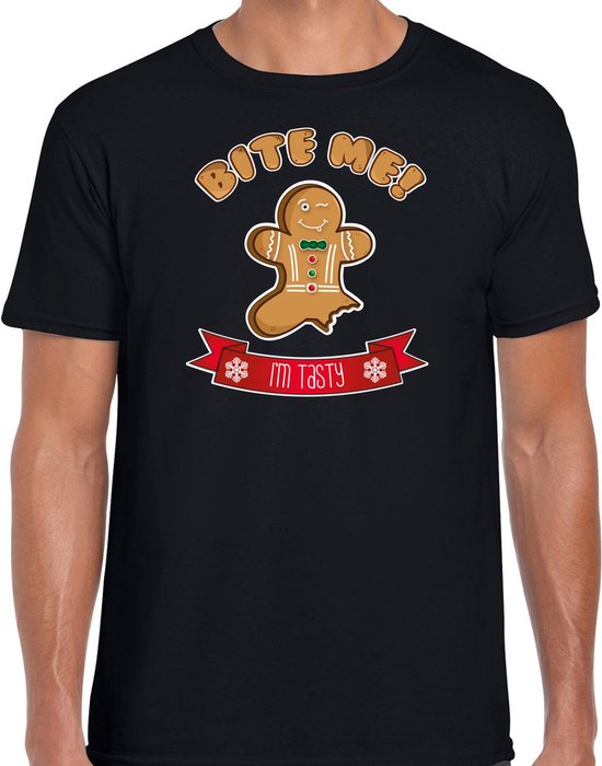 Bellatio Decorations t-shirt pull de Noël pour hommes – Bonhomme en pain d&rsquo;épices – noir – Bite Me S