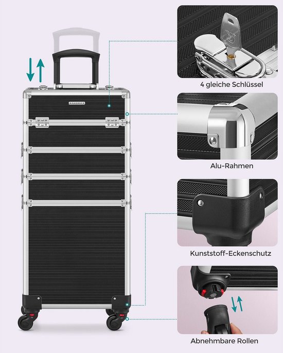 Chariot – trousse à maquillage – Verrouillable – Pour voyager – Avec roulettes – Zwart