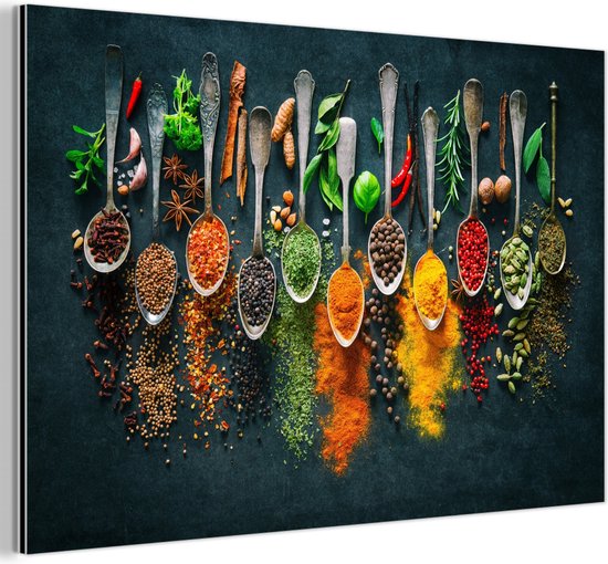 Décoration murale Métal – Peinture Aluminium Industriel – Cuillères – Herbes – Coloré – Épices – 120×80 cm – Dibond – Photo sur aluminium – Décoration murale industrielle – Pour le salon/chambre