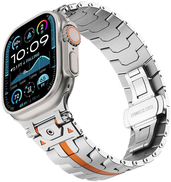 Bracelet à maillons en acier inoxydable – compatible avec les Apple Watch séries 1/2/3/4/5/6/7/8/9/10/11/SE (1, 2, 3)/ Ultra (1, 2, 3) de 44 mm/45 mm/46 mm/49 mm – fermoir papillon – argent orange