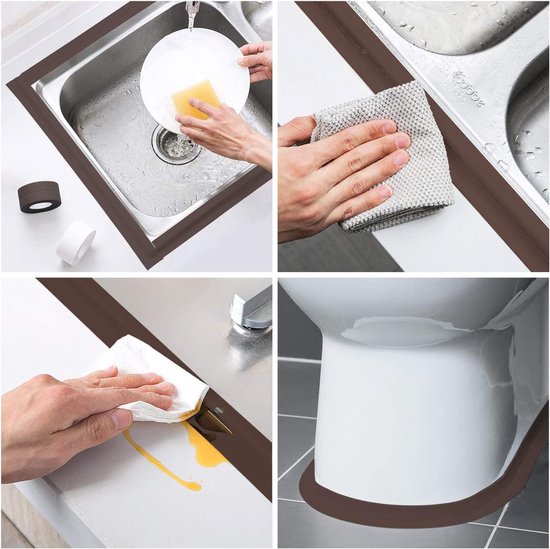 Bande d&rsquo;étanchéité auto-adhésive de 3,2 mètres pour salle de bain et cuisine – Couleur marron – Finition pour baignoire, mur et lavabo – Bordure – Étanche – Facile à installer