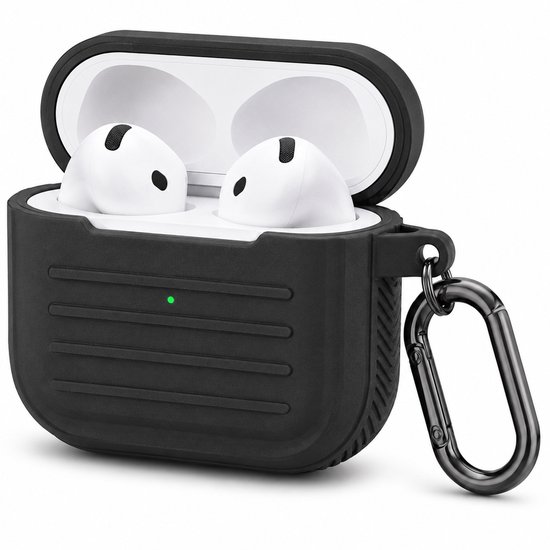 Compatible avec AirPods 4 Gen (2024 / ANC) – Coque – Housse de protection en silicone avec bouchon anti-poussière et mousqueton – Noir