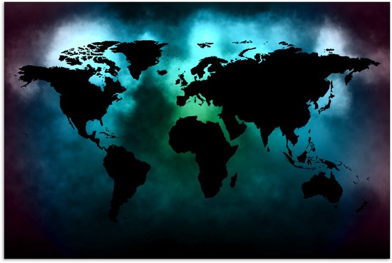 Carte du monde noir sur fond sombre aux couleurs des aurores boréales 120×80 cm