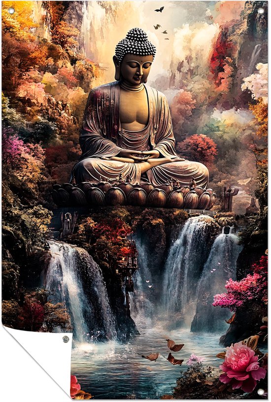 Bouddha dans une nature sereine et colorée – Affiche de jardin Spiritualité – Décoration murale de jardin Bouddha – Surréaliste – Jardin – Affiche murale pour jardin – Affiche de jardin 60×90 cm