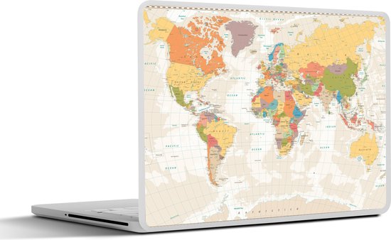 Autocollant pour ordinateur portable – 14 pouces – Wereldkaart – Rétro – Couleurs – Éducatif – Politique – 32x5x23x5 cm – Autocollants pour ordinateur portable – Skin pour ordinateur portable – Housse
