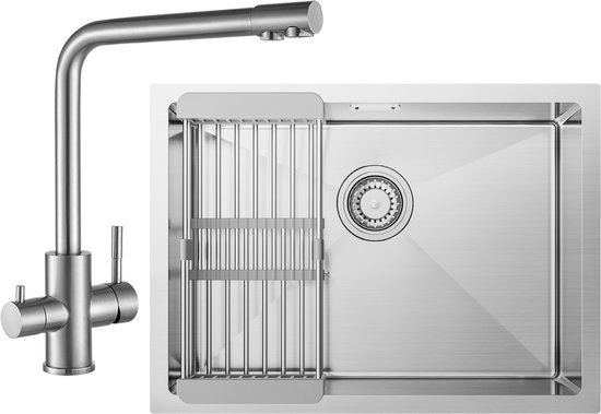 CECIPA max Éviers Cuisine 60X44CM – Évier simple Avec Robinet de cuisine 3 voies – Évier Cuisine en acier inoxydable – Éviers avec égouttoir – Argent