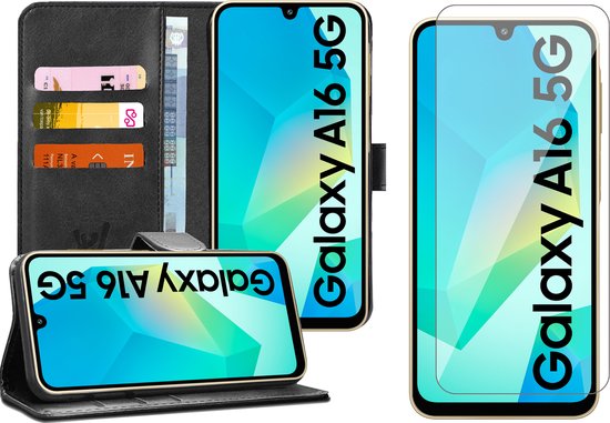Coque Samsung Galaxy A16 – Protection d&rsquo;écran en Glas – Etui portefeuille Zwart