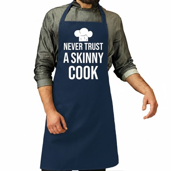 Bellatio Decorations Tablier cuisine et BBQ – bleu – never trust a skinny cook – toque de cuisinier – anniversaire – Vaderdag / Fête des Mères