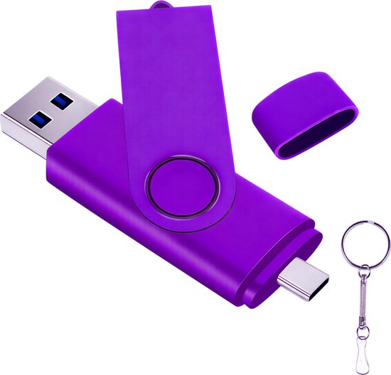 Clé USB TYPE-C haute vitesse USB 3.0 2-en-1 – Violet – 64 GB – Clé USB Flash rotatif avec porte-clés – Bâton de mémoire rapide pour smartphone, tablette, ordinateur portable et PC – Idéal comme cadeau professionnel