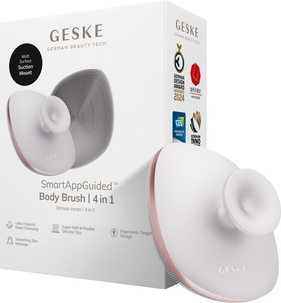 Brosse pour le corps GESKE | 4 en 1 | Conception d&rsquo;anneau en métal | Brosse nettoyante pour tout le corps | Nettoyage en profondeur | Poils en silicone souple | Conception ergonomique à deux doigts