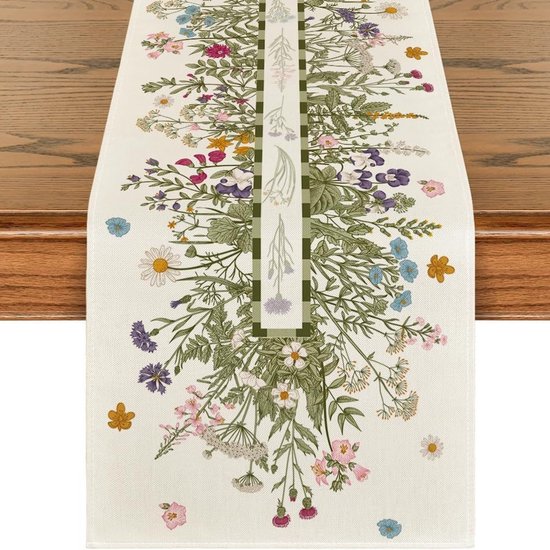 Chemin de table – Chemin de table fleurs de printemps – Chemin de table de Pâques – Lin de haute qualité – Décoration de table de printemps pour cuisine – Salle à manger – Fête – 33×183 cm – Fleurs sauvages vintage
