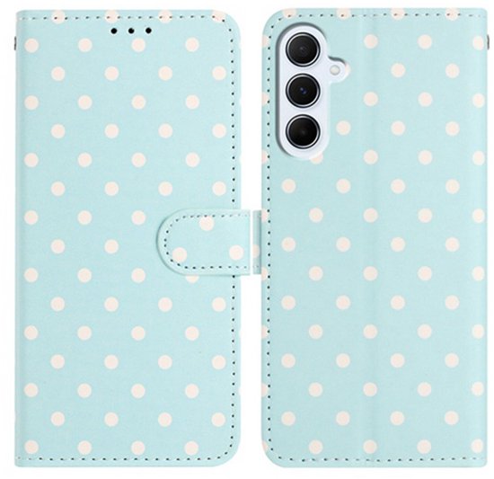 Étui compatible avec Samsung Galaxy A55 | Étui portefeuille à pois | Étui portefeuille | 3 cartes | Fermeture magnétique | Fonction support | Bleu