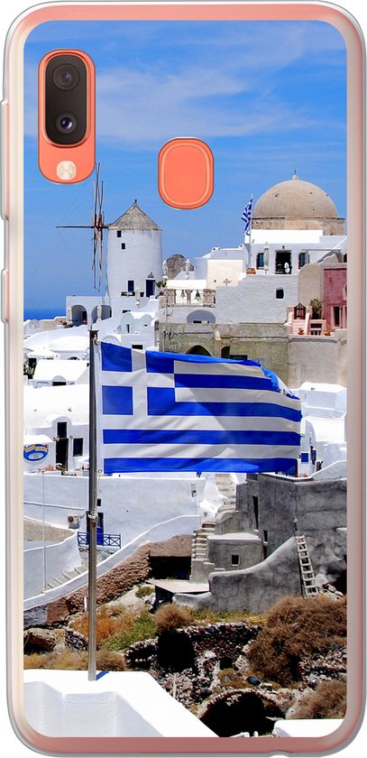 Convient pour coque Samsung Galaxy A20e – Drapeau de la Grèce entre les maisons blanches – Coque de téléphone en Siliconen