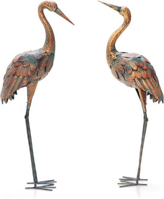 COSTWAY Set de 2 statues de jardin, grue, figurine décorative en métal pour l&rsquo;extérieur, sculpture d&rsquo;oiseau pour pelouse, terrasse, jardin, figurine de jardin, oiseau de jardin, figurine en métal, décoration de grue