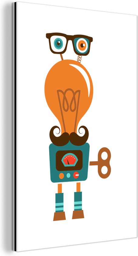 Décoration murale Métal – Peinture Aluminium Industriel – Robot – Lunettes – Ampoule – Moustache – Enfants – Garçons – 40×60 cm – Dibond – Photo sur aluminium – Décoration murale industrielle – Pour le salon/chambre