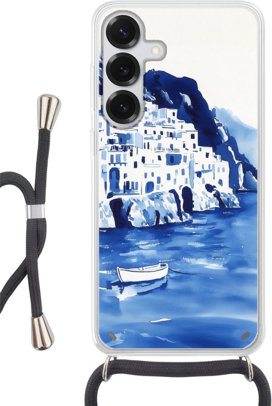 Coque de téléphone compatible avec Samsung Galaxy S25 Plus – Village – Falaise – Bateau à rames – Eau – Silicone – Crossbody – Coque arrière avec cordon – Coque de téléphone avec cordon – Coque avec ficelle Coque de téléphone