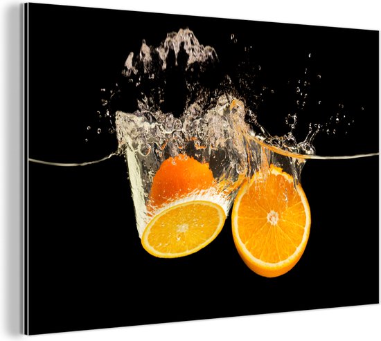 Décoration murale Métal – Peinture Aluminium Industriel – Orange – Nature morte – Water – Zwart – Fruits – 60×40 cm – Dibond – Photo sur aluminium – Décoration murale industrielle – Pour le salon/chambre