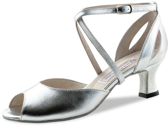 Chaussures de danse pour femmes Werner Kern Tiziana en Cuir Argent – Bout ouvert – Talon de 5,5 cm – Semelle en daim – Bride à la cheville – Chaussures de salon, salsa, Latin – Werner Kern – Argent – 37 1/3