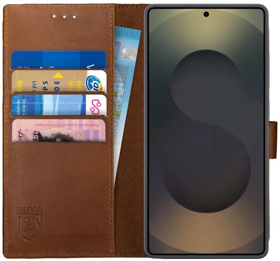 Étui en Cuir véritable Rosso Deluxe adapté au Samsung Galaxy S25 Ultra | Espace pour trois cartes | Étui portefeuille | Avec porte-cartes | Marron