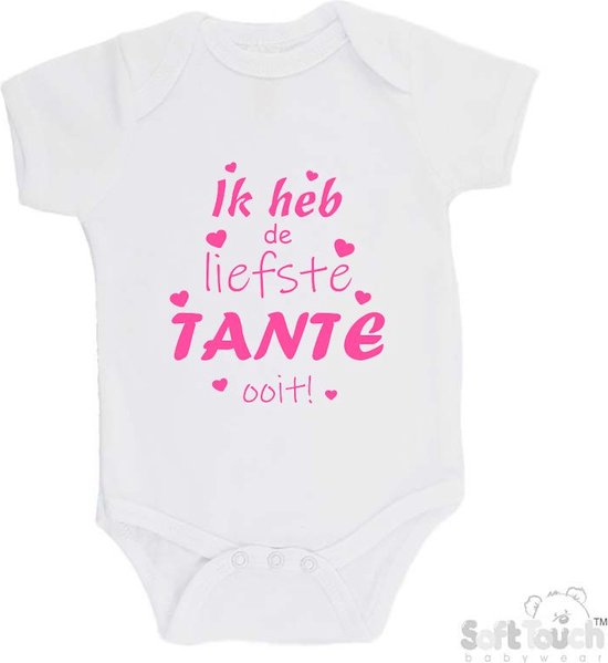 Barboteuse 100 % coton « J&rsquo;ai la TANTE la plus douce de tous les temps ! » Katoen Filles Wit/ rose Taille 62/ 68