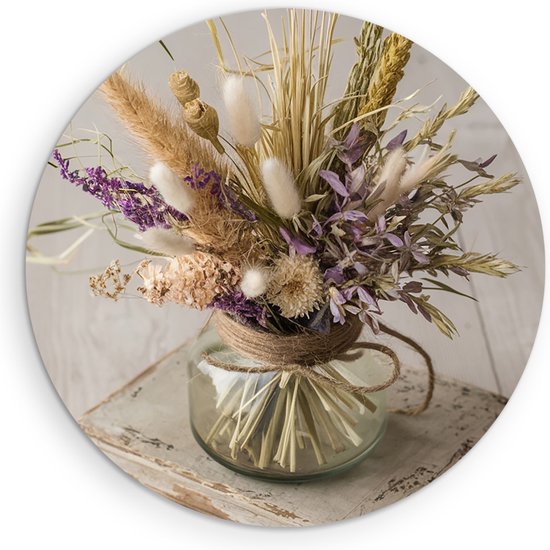 Cercle mural Saammp en bois – Fleurs colorées dans un vase en verre – Naturel – Ø 70 – Cercle Décoration murale mural – Décoration Décoration murale pour salon – Décoration pour bureau