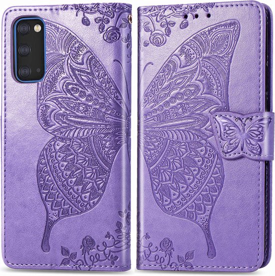Bookcase adaptée pour Samsung Galaxy S20 – Violet – Papillon – Etui Portefeuille Remarque : cette coque ne convient PAS au Samsung Galaxy S20 FE mais uniquement au Samsung Galaxy S20