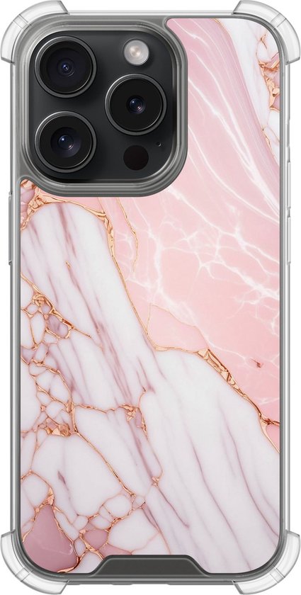 Coque antichoc – Convient pour iPhone 15 Pro – Marbre rose bébé – Coque Extra solide – TPU/polycarbonate – Marbre – Rose, Transparent