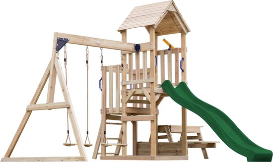 AXI Mette aire de jeux avec double balançoire marron – toboggan vert – bac à sable et table de pique-nique – télescope – bois FSC – Maisonnette de jardin avec tour de guet