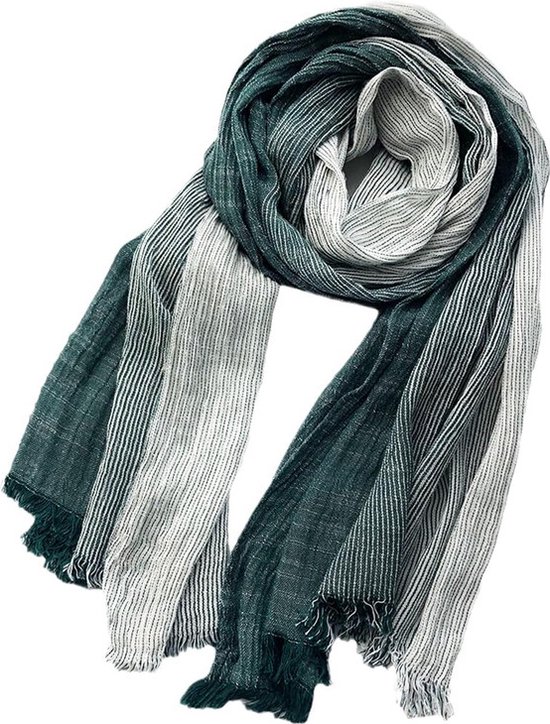 Châle tendance pour le printemps et l&rsquo;automne – châle doux et chaud – long châle en coton avec pompons – écharpe rayée en coton et lin – unisexe (75 x 190 cm) – vert foncé – 190*75cm