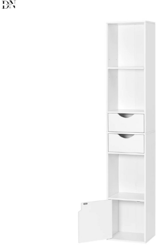 Deniva – Bibliothèque – Bibliothèque avec Tiroirs et Porte – Armoire de Rangement Étroite – Debout – 30 x 158 cm – Bibliothèque Ouverte – Wit – Salon