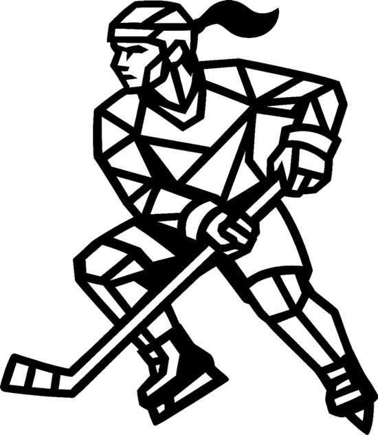 Décoration murale géométrique représentant une femme de Hockey sur glace – plaque murale sportive – format moyen 38 x 33,4 cm – bois de peuplier noir