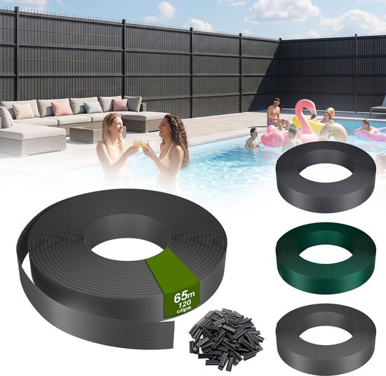 Bandes de confidentialité en PVC – Avec 120 clips de fixation – Pour clôtures à double et simple barre – 65m x 4,7cm – 100% opaque – Coupe-vent – Résistant aux UV et étanche – Gris – NAIZY