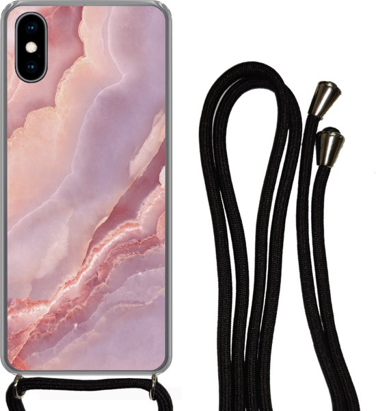 Cordon téléphonique – Chaîne téléphonique – Étui avec cordon Adapté à iPhone XS – Natuursteen – Rose – Gros plan – Siliconen – Bandoulière – Étui de téléphone avec cordon