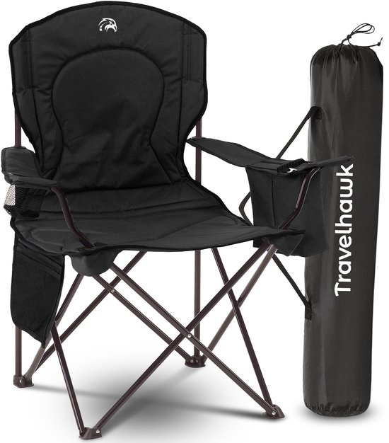Chaise de camping Travelhawk XL – Pliable – Chaise pliante confortable – Capacité de charge de 158 kg – Porte-gobelet – Compartiment isotherme – Chaise de pêche – Chaise pliante – Zwart