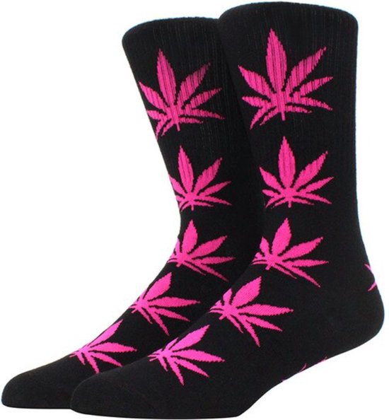 Chaussettes Weed – Chaussettes Cannabis – Weed – Cannabis – Zwart -rose- Chaussettes unisexes – Taille 36-45