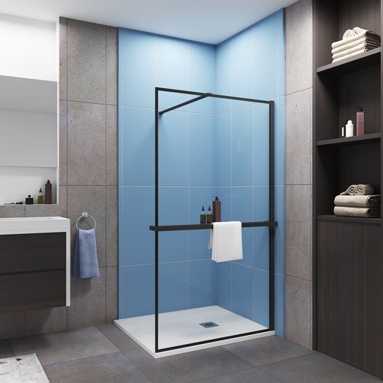 Choix idéal pour la salle de bains – Douche à l&rsquo;italienne 140×200 cm – Verre Easy Clean 8 mm avec sérigraphie noire – Plateau – Stabilisateur N 90 cm tronçonnable – Noir mat