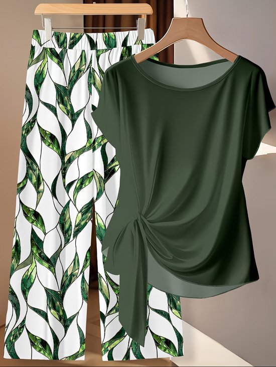 Ensemble 2 pièces pour femme vert foncé – Ensemble de vêtements – Chemisier à nœud avec pantalon large – S