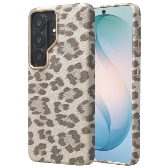 Étui Selencia – Compatible avec Samsung Galaxy S26 Ultra – Sabi Backcover imprimé léopard avec Ring magnétique – Soft Ivory