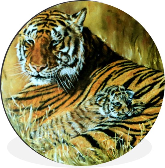 Cercle mural – Cercle mural – Peinture à l&rsquo;huile Tigre et son petit – Aluminium – Dibond – ⌀ 60 cm – Intérieur et extérieur