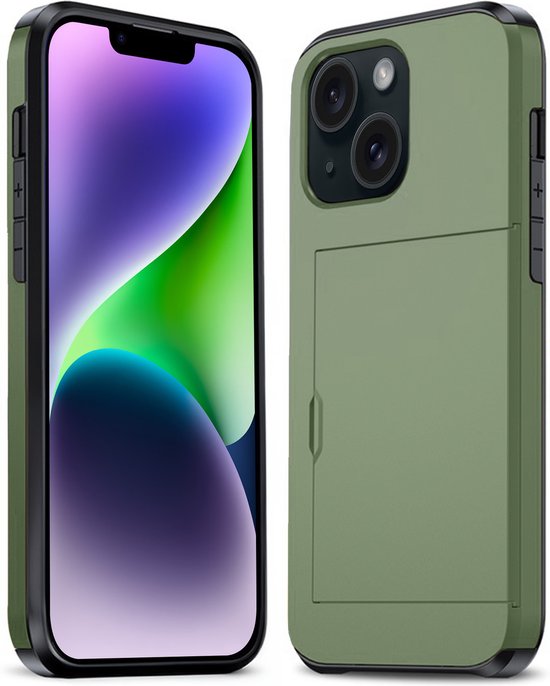 Coque adaptée pour iPhone 14 avec porte-cartes, coque rigide résistante aux chocs – Coque adaptée pour iPhone 14 avec porte-cartes – Vert foncé