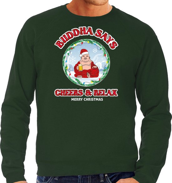 Bellatio Decorations pull de Noël moche/pull pour hommes – Bouddha dit bravo et détendez-vous – vert – bière S