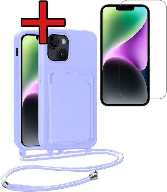 Étui Convenant pour iPhone 14 Étui Met Cordon Téléphonique et Porte-Cartes Met Protecteur d&rsquo;Écran Siliconen – Housse Convenant pour iPhone 14 Étui Met Porte-Cartes Case – Lilas