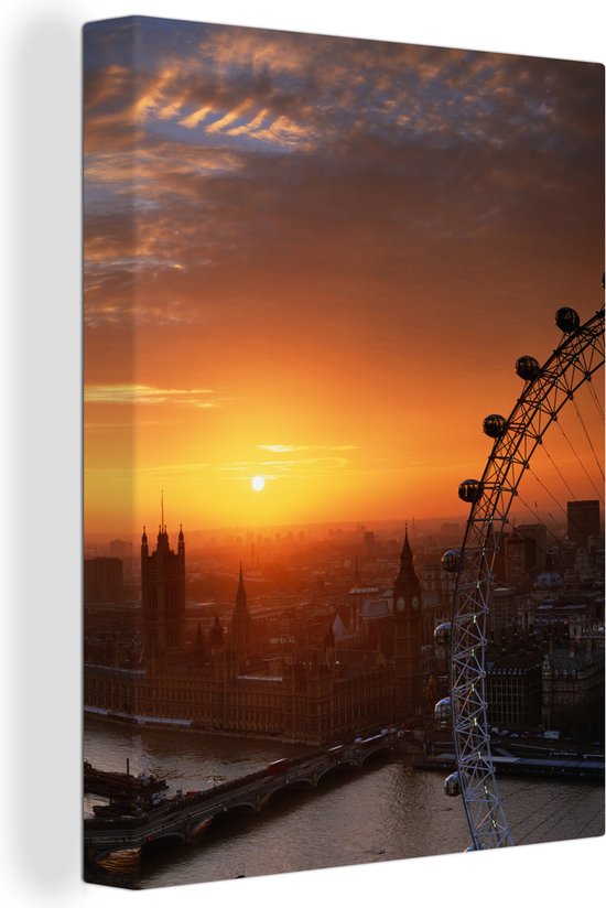 Coucher de soleil derrière le London Eye en Angleterre Toile 60×80 cm – Tirage photo sur toile (Décoration murale salon / chambre)
