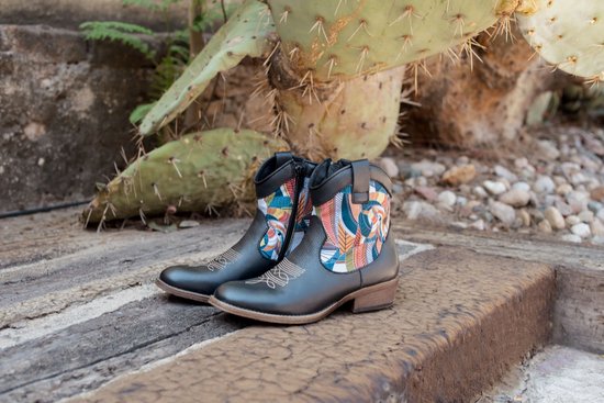 Botte western Inkkas Cyprus pour femme – botte western en cuir marron avec motif montagne & mouflon – détails turquoise – modèle mi-haut avec talon confortable, taille 37