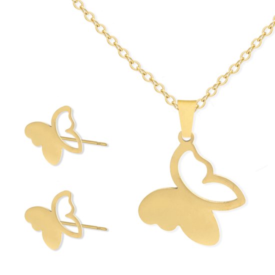 Ensemble cadeau collier et Boucles d&rsquo;oreilles avec papillon – Acier inoxydable – Doré – Bijoux cadeaux sur carte – Pax Amare