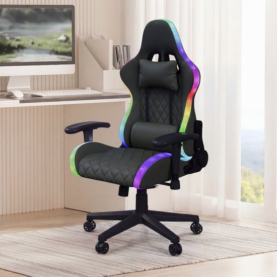 Chaise gaming avec éclairage LED et fonction massage, dossier réglable (90-135°), support lombaire et appui-tête, noir