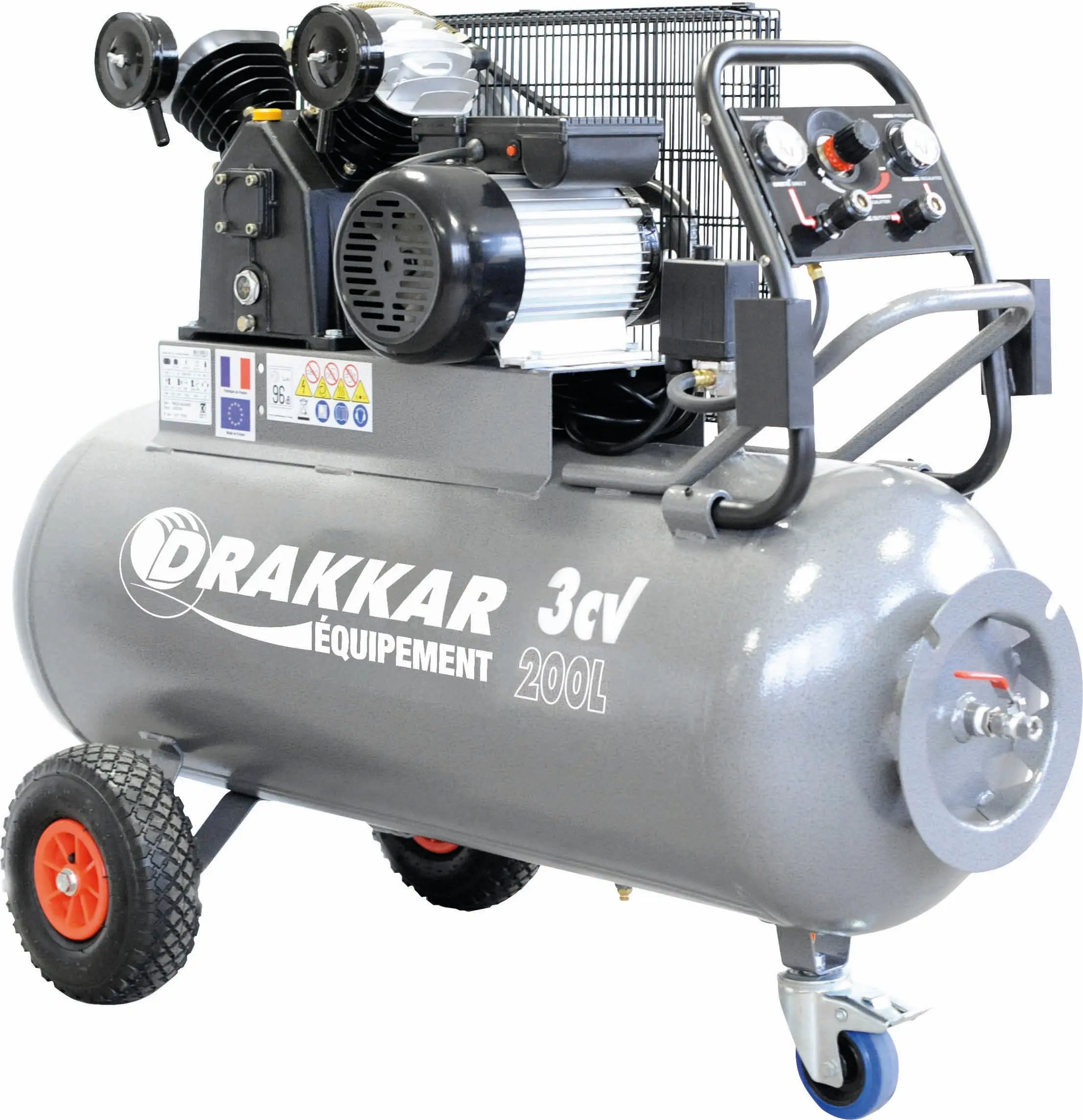 DRAKKAR EQUIPEMENT – Compresseur à courroie 200L 9 bar 3CV tête en V 230V avec tableau de contrôle – 11274