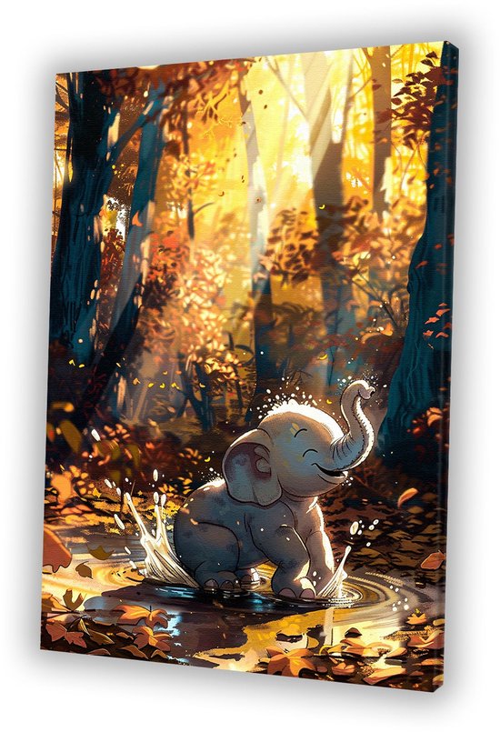 Éléphant jouant dans la forêt d&rsquo;automne – Décoration murale éléphant – Tableaux sur toile animaux – Art Digital – Décoration maison – Décoration murale chambre – toile 100×150 cm
