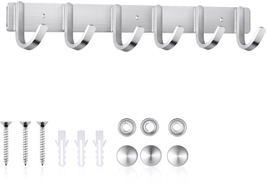 Barre à crochets avec 6 crochets, acier inoxydable, tringle à vêtements, patères, acier inoxydable, pour salle de bain et cuisine, vêtements et clés (6 crochets, 44 mm)