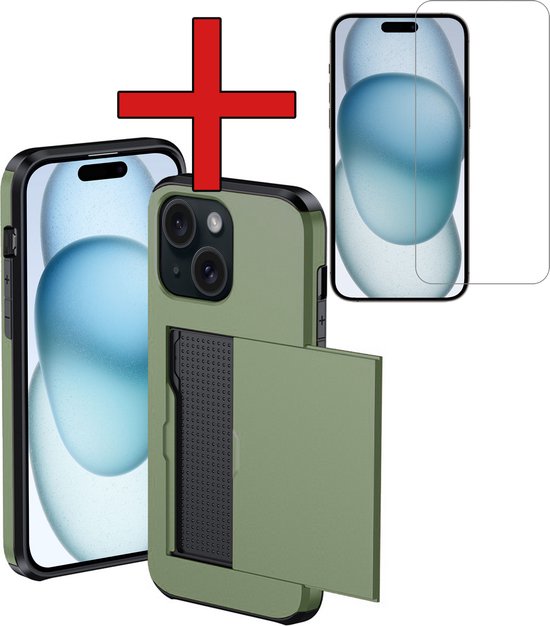 Coque pour iPhone 15 Plus avec porte-cartes, coque rigide avec porte-cartes et protecteur d&rsquo;écran – Coque adaptée pour iPhone 15 Plus , résistante aux chocs – Vert foncé